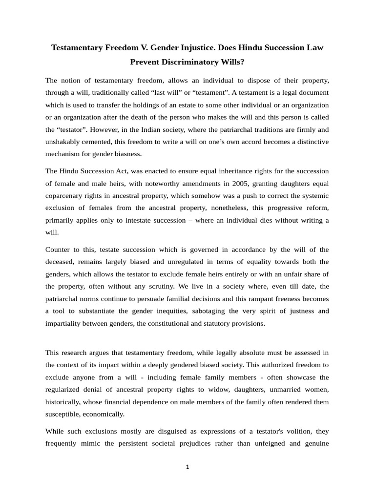 Tarasha. Abstract (CA3) Testamentary Freedom v. Gender Injustice | PDF ...