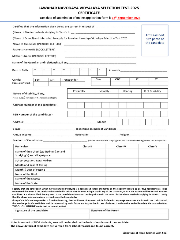 Navodaya Vidyalaya Application 2025 | PDF | Gender | Gender Studies