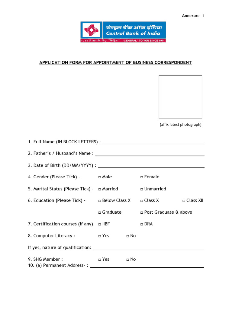 Business Correspondent Application Form | PDF