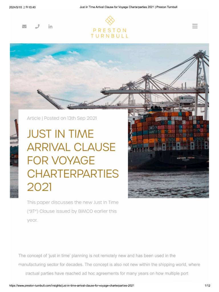 Just in Time Arrival Clause For Voyage Charterparties 2021 | PDF