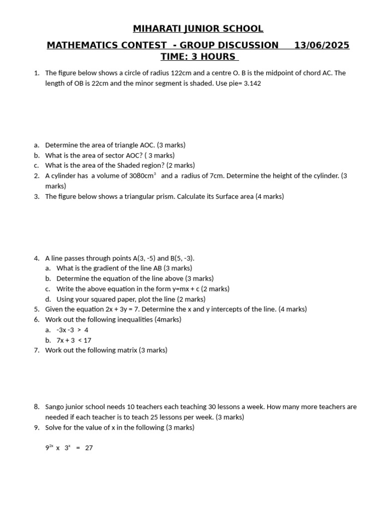 MIHARATI Junior School Math Contest 2025 | PDF | Area | Geometric Shapes