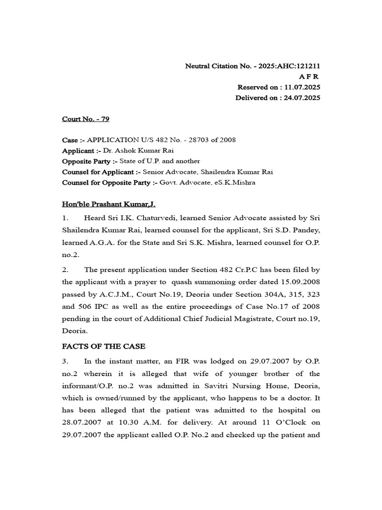 DR Ashok Kumar Rai Vs State of Up and Another 2025 Livelaw Ab 264 ...