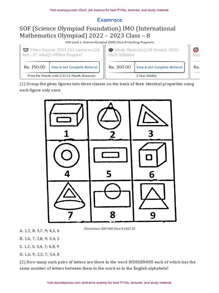 SOF IMO Class 8 Exam Practice 2022-23 | PDF | Area