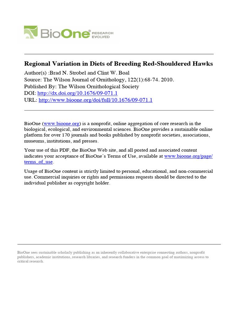 Wilson Journal Ornithology 2010 122 68 74 Strobel PDF Hawk Zoology