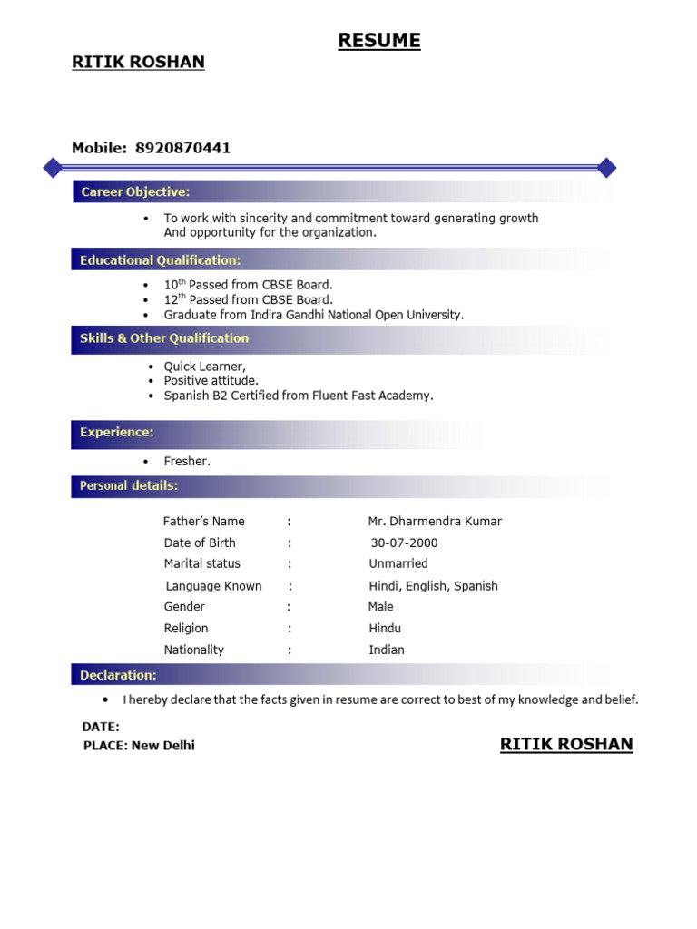 Resume of Ritik Roshan - Fresher | PDF