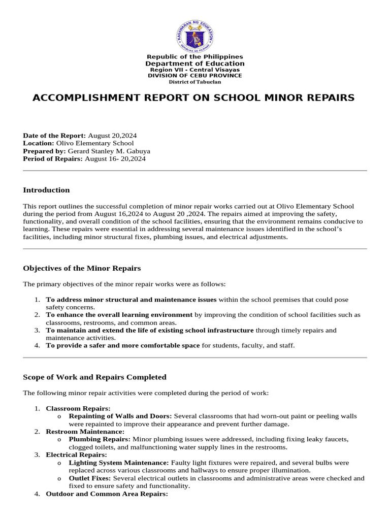 Olivo Elementary School Repairs Report | PDF | Public Toilet