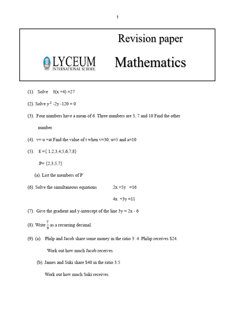 Grade 8 Maths Revision Paper 2025 | PDF | Mathematics