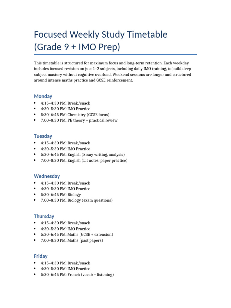 Grade 9 Weekly Study Timetable | PDF