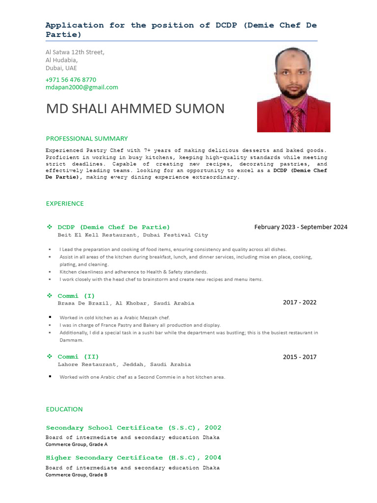 DCDP Application: Md Shali Ahmmed Sumon | PDF | Chef | Restaurants