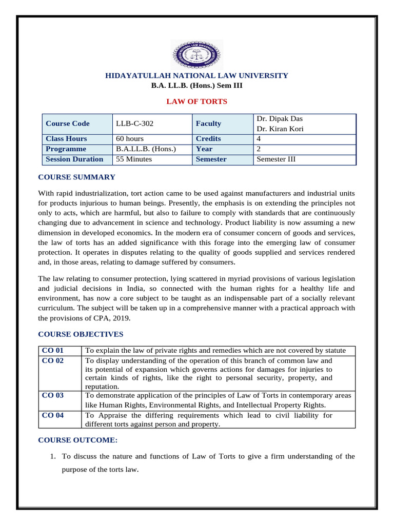 Law of Torts and Consumer Protection | PDF | Tort | Teaching Method