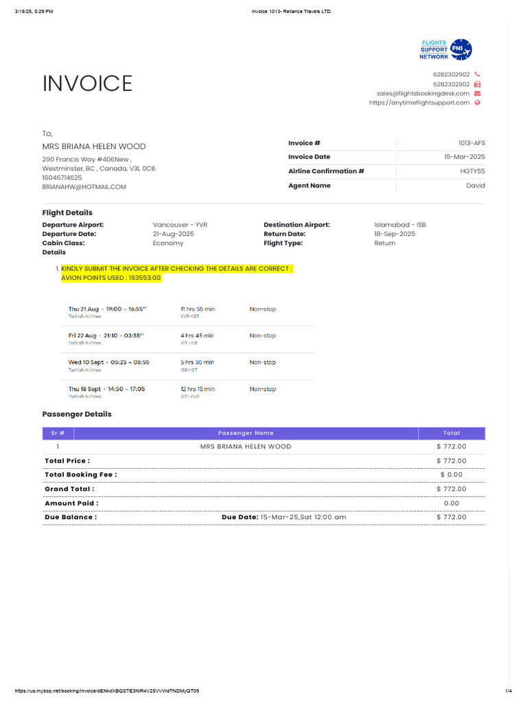 Invoice for Flight Booking to Islamabad | PDF | Travel Visa