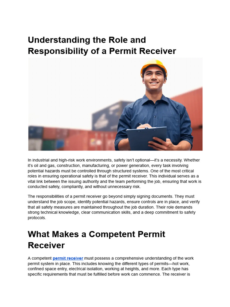 Permit Receiver Roles and Responsibilities | PDF | Safety ...
