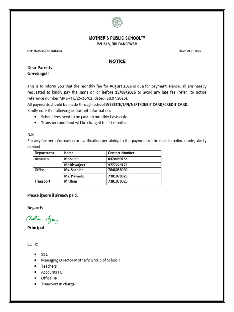 63 Notice For Fee August 2025 | PDF