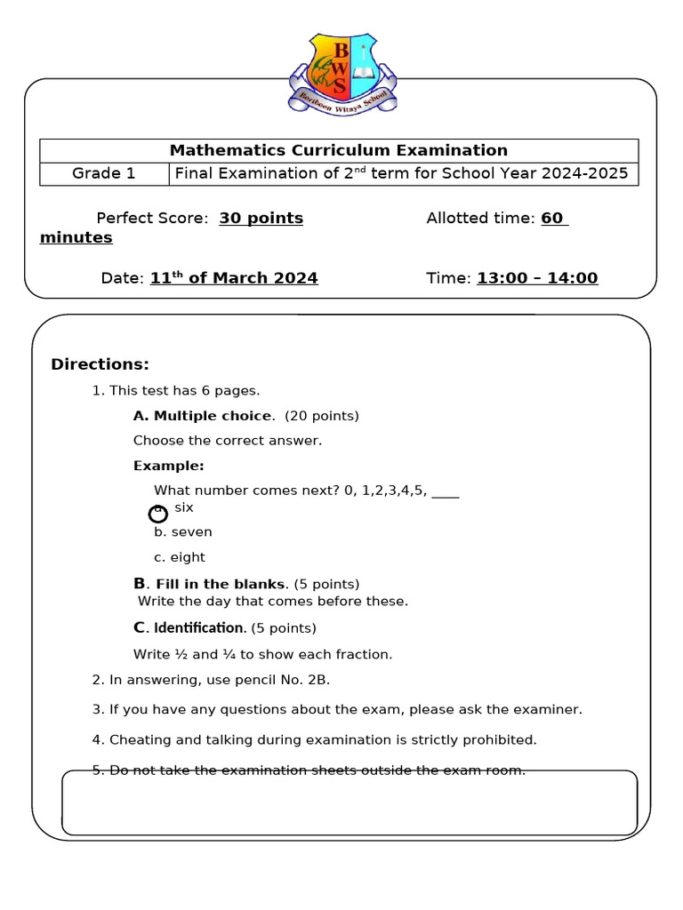 2nd Term Mathematics 1 Final Exam | PDF | Multiple Choice