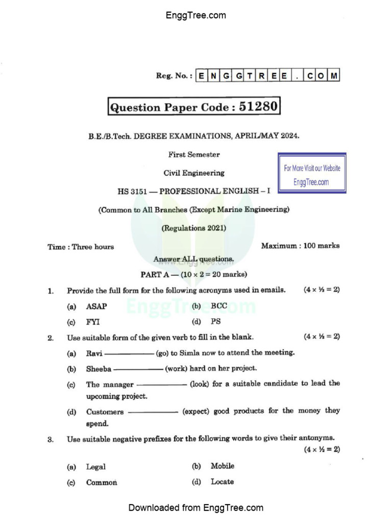 HS3151 Professional English I Apr May 2024 Question Paper Download | PDF