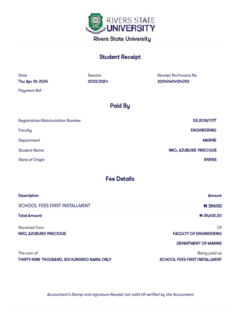 Rivers State University Fee Receipt | PDF