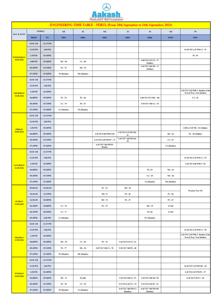 Engineering Time Table: Sept 2024 | PDF