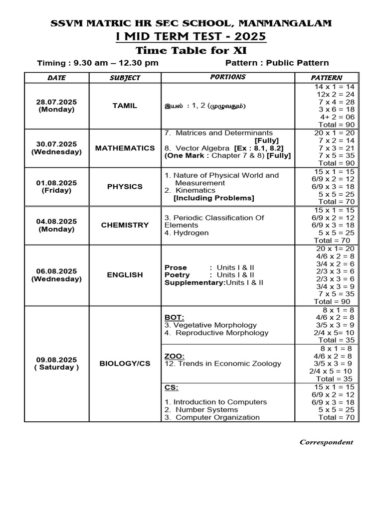 I Mid Term Test Time Table | PDF | Mathematics | Algebra