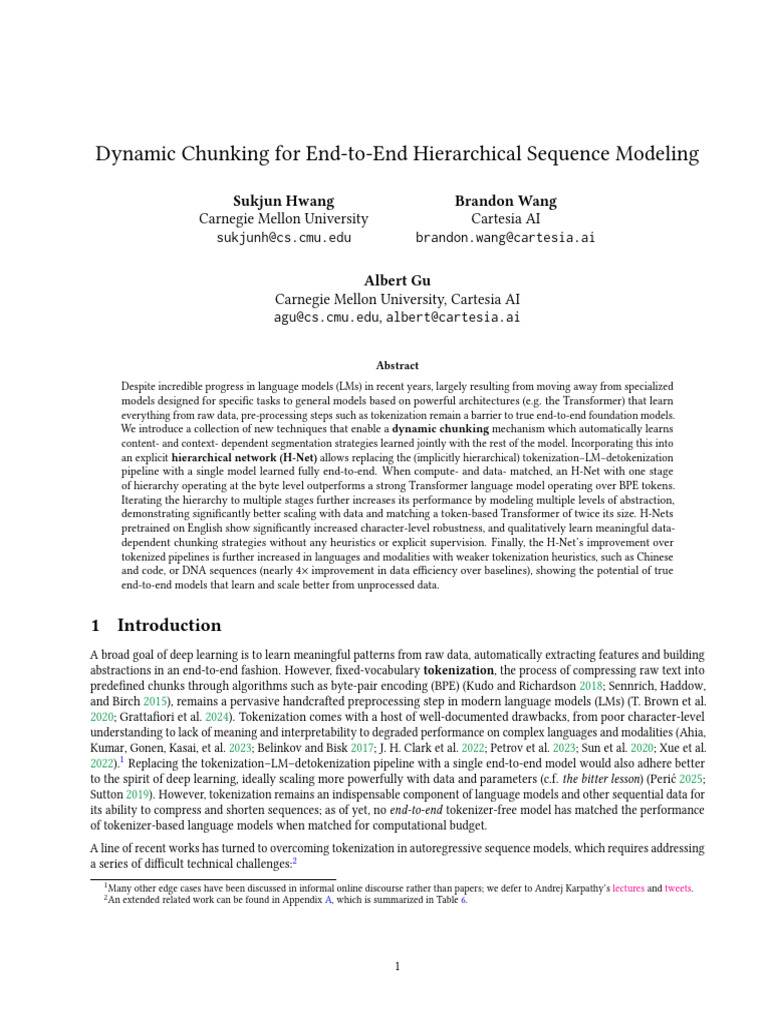 Dynamic Chunking For End-to-End Hierarchical Sequence Modeling | PDF ...
