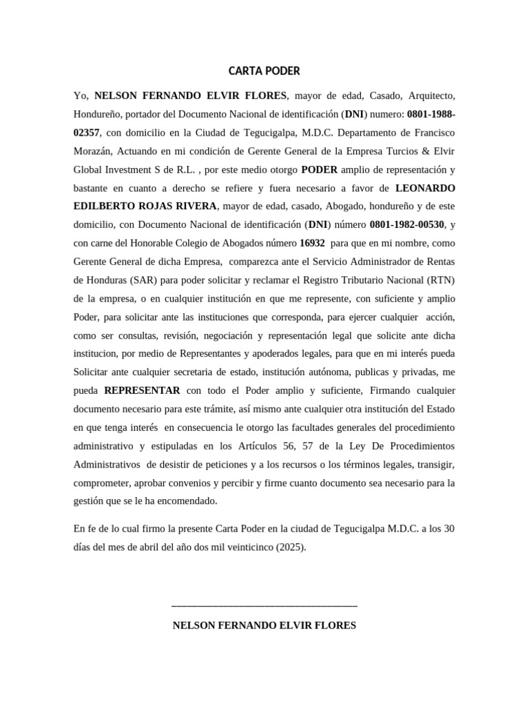 Carta Poder para Representación Legal | PDF