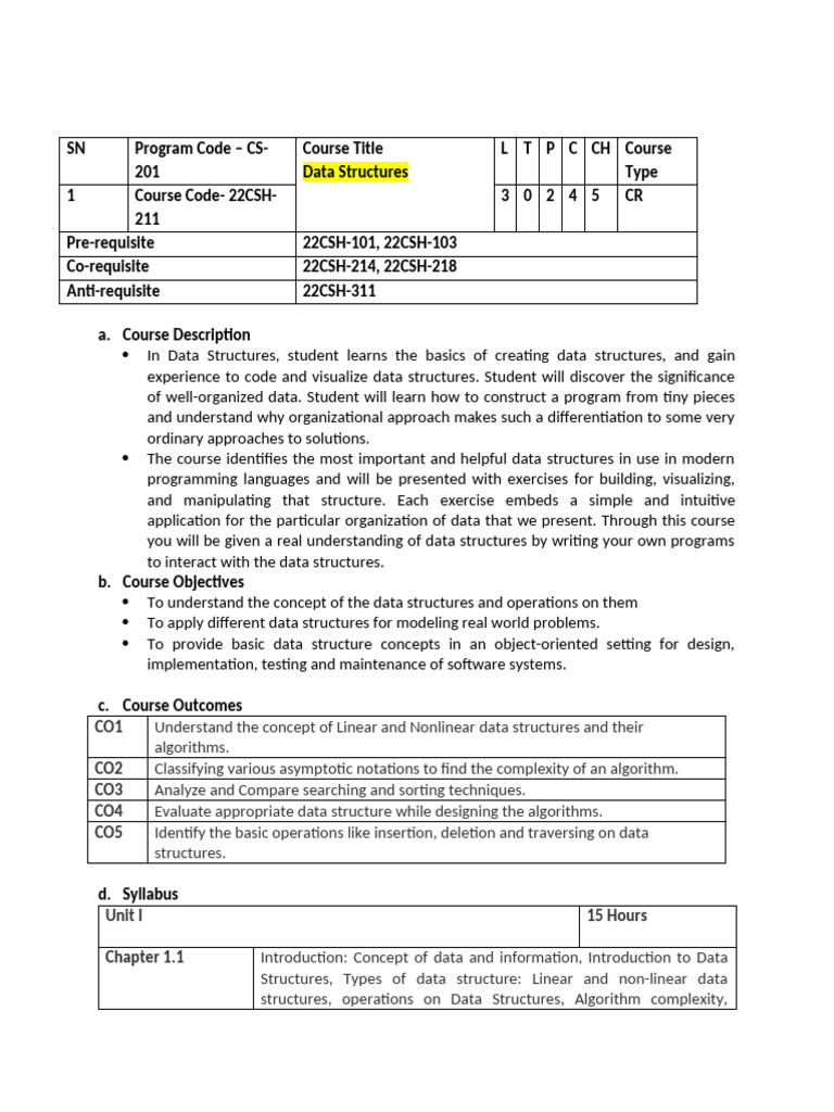 Data Structures Course Overview | PDF | Algorithms And Data Structures ...