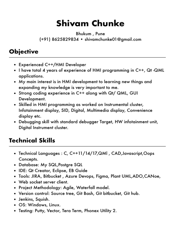 C++ HMI Developer Resume - Shivam Chunke | PDF | Software | Computing