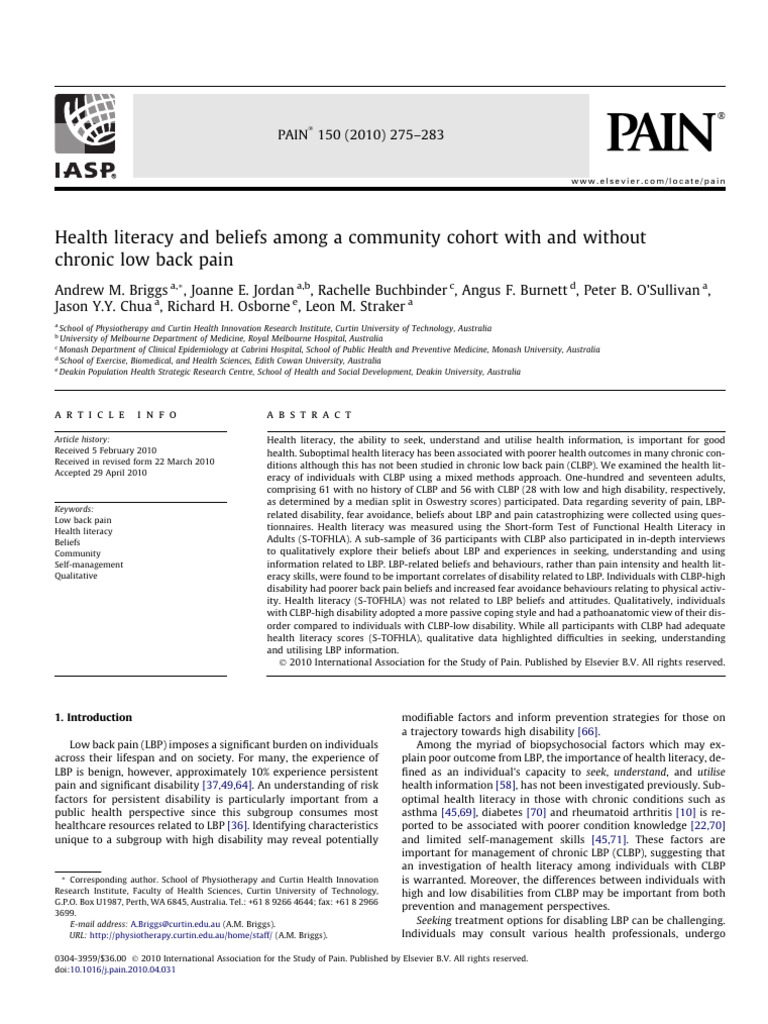 Health Literacy in Chronic Low Back Pain | PDF | Disability | Pain