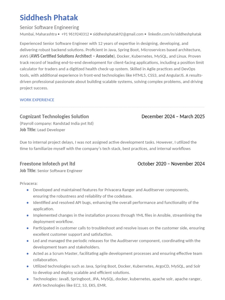 Senior Software Engineer Profile: Java & AWS | PDF | Amazon Web ...