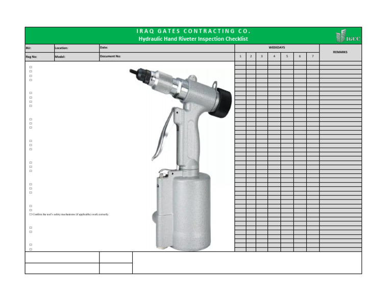 Hydraulic Hand Riveter Inspection Checklist | PDF | Rivet | Mechanical ...