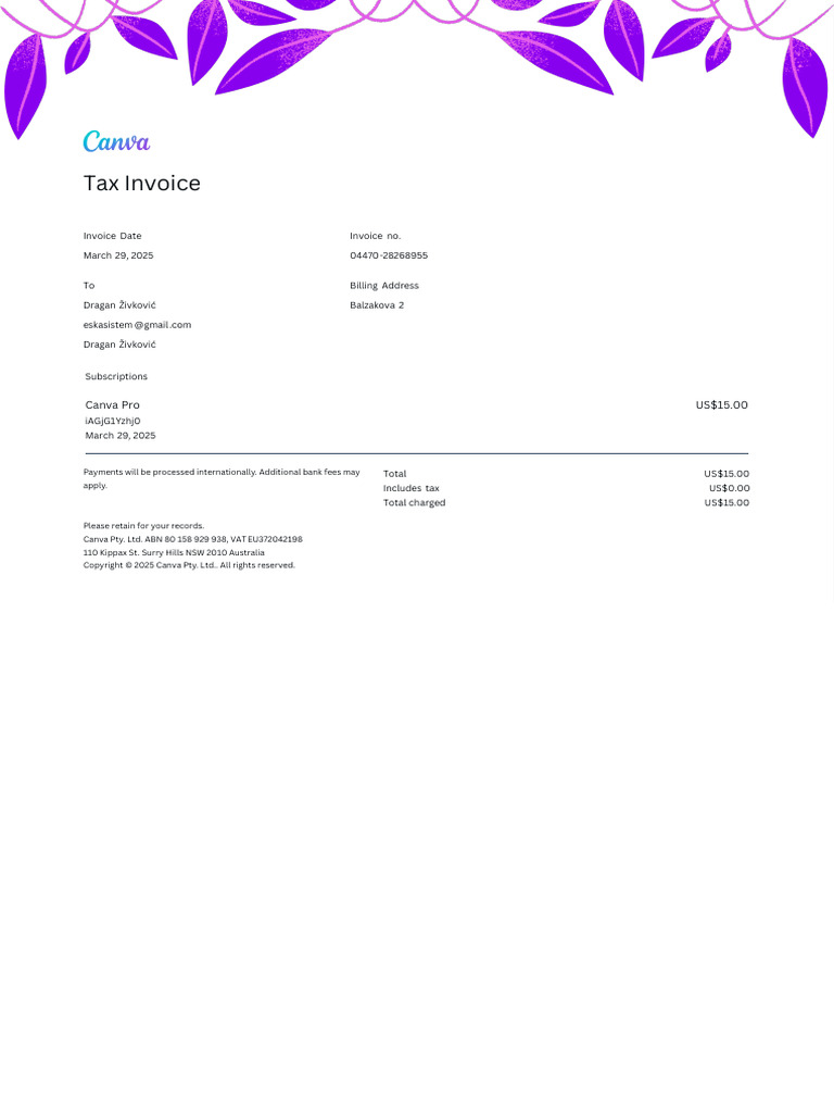 Canva Pro Tax Invoice - March 2025 | PDF