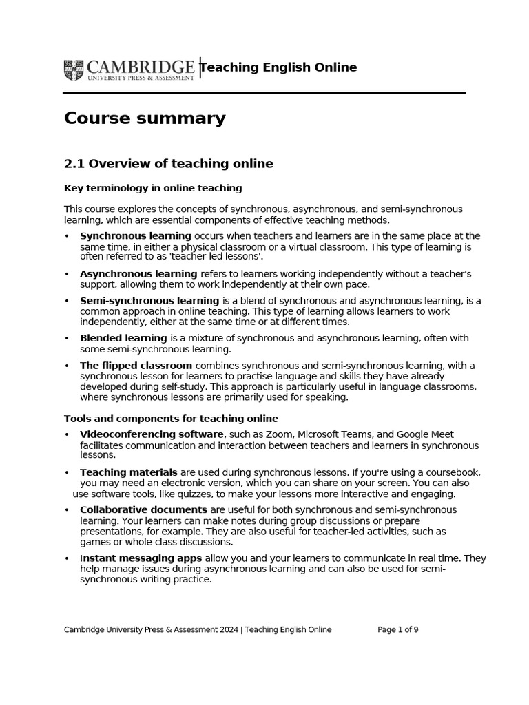 Course Summary: Teaching English Online | PDF | Educational Technology ...