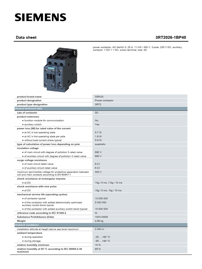 Siemens 3RT2026 Power Contactor Data Sheet | PDF | Inductor | Switch