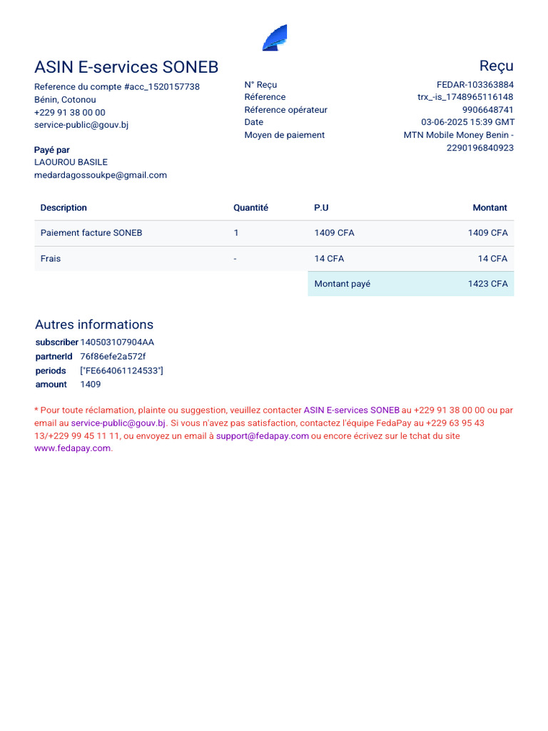 Reçu de paiement SONEB - 1423 CFA | PDF