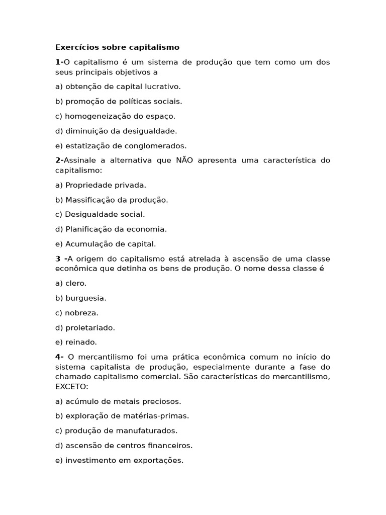 Exercícios sobre o Capitalismo | PDF | Capitalismo | Mercantilismo
