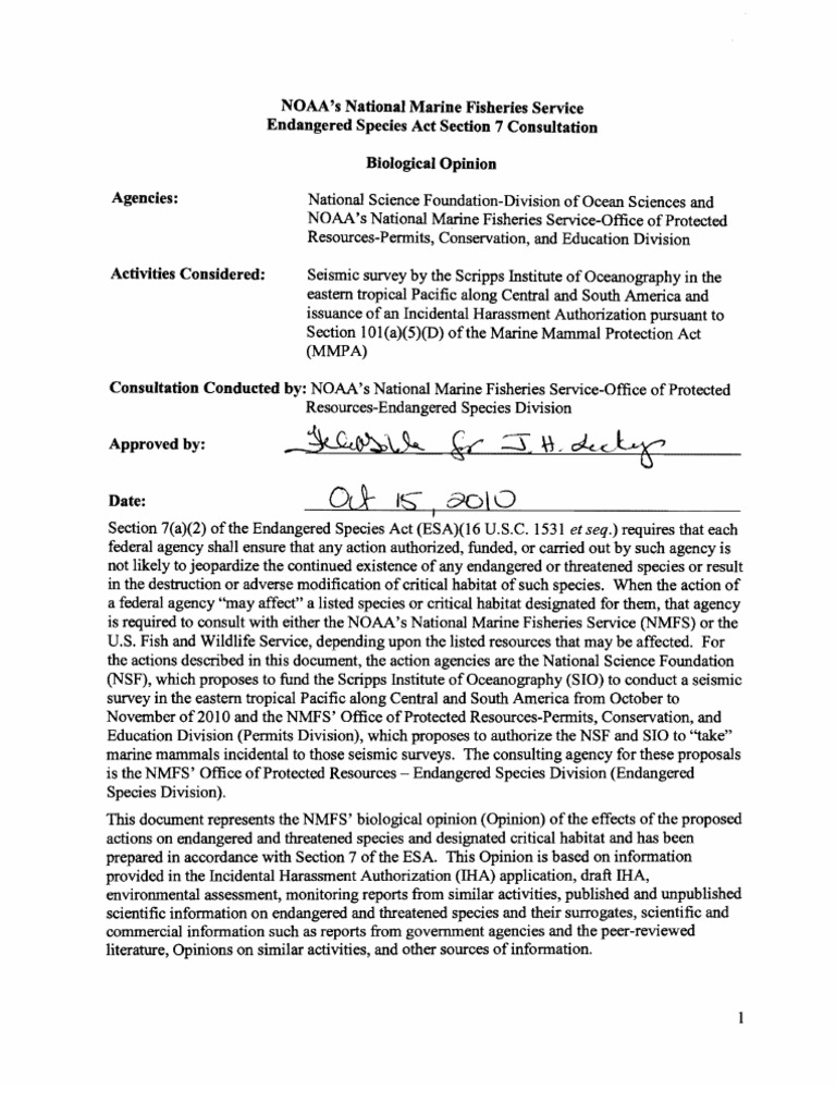 NOAA's National Marine Fisheries Service Endangered Species Act Section