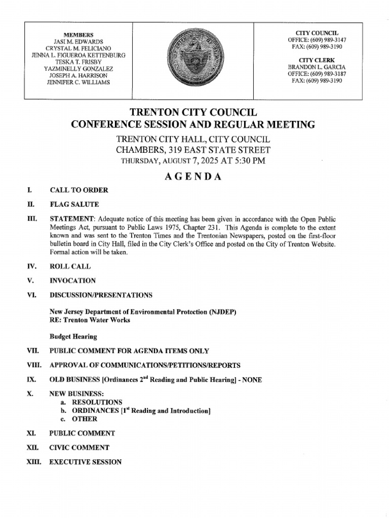 Trenton City Council 8-7-2025 Agenda and Docket With Items | PDF