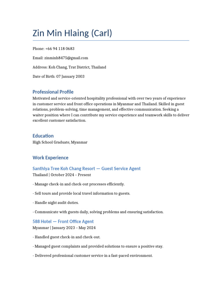 Zin Min Hlaing CV | PDF