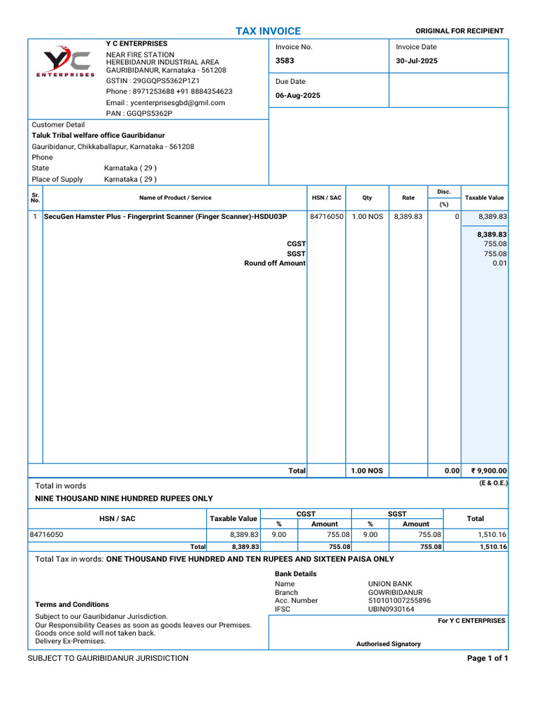 Invoice 3583 Taluk Tribal Welfare Office Gauribidanur 12-46-23 | PDF | Government Finances ...