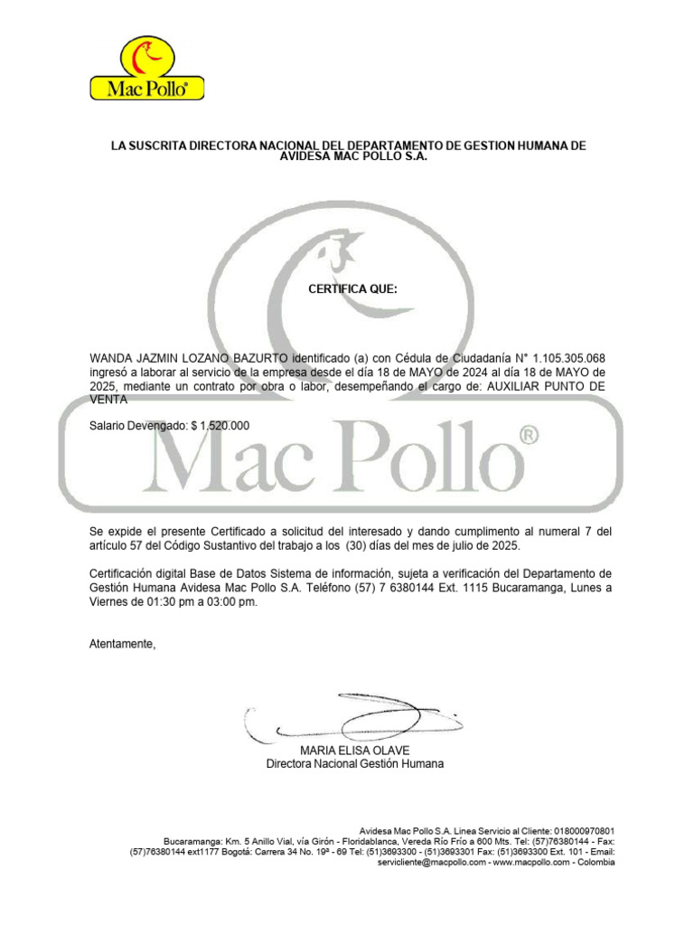 Certificado Laboral Avidesa Mac Pollo S.A. | PDF