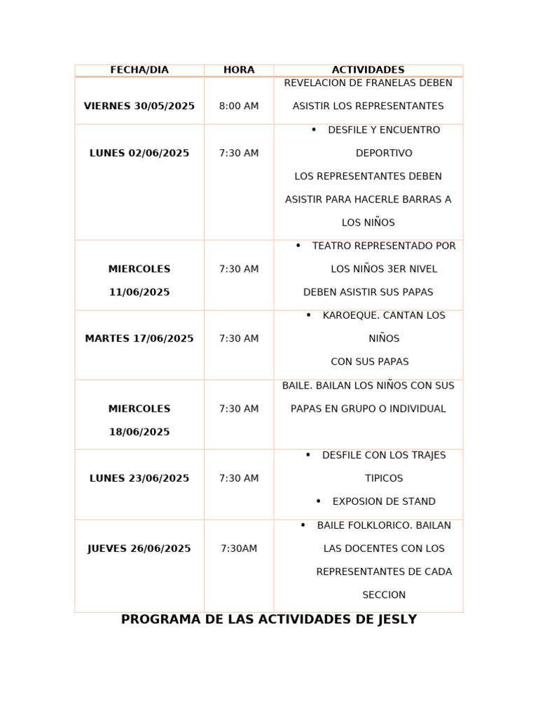 Programa de Actividades de Jesly 2025 | PDF