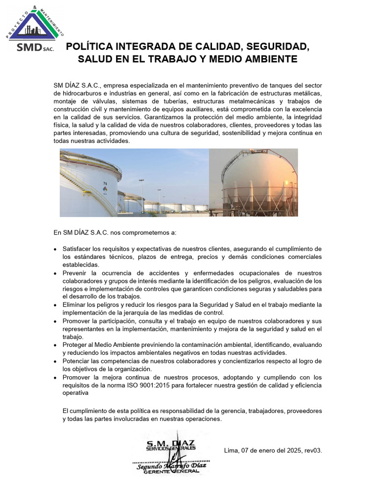 SMD-SIG-PO-001 Politica de Sistema Integrado de Gestión v.04 | PDF