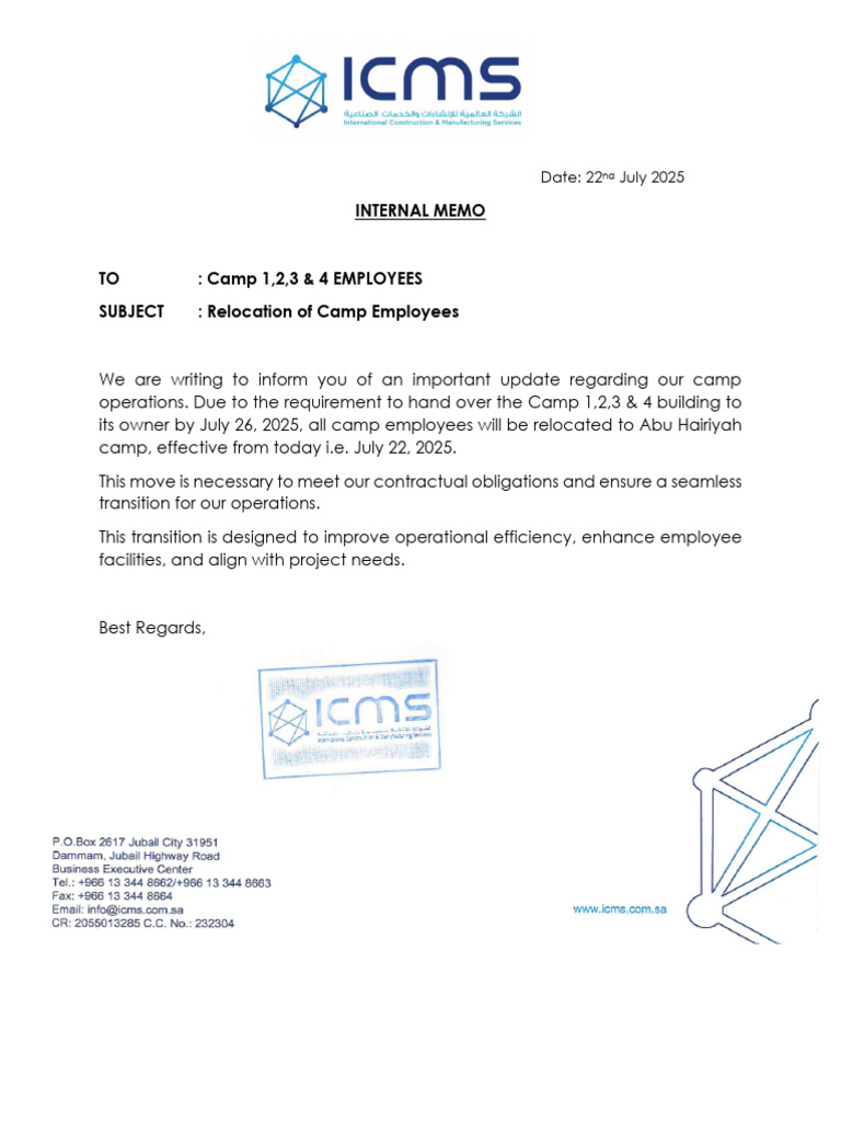 Camp Employee Relocation Notice | PDF