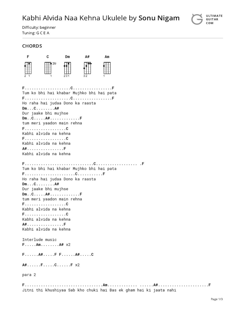 Kabhi Alvida Naa Kehna Ukulele by Sonu Nigamtabs at Ultimate Guitar Archive  | PDF, image size:768x1024