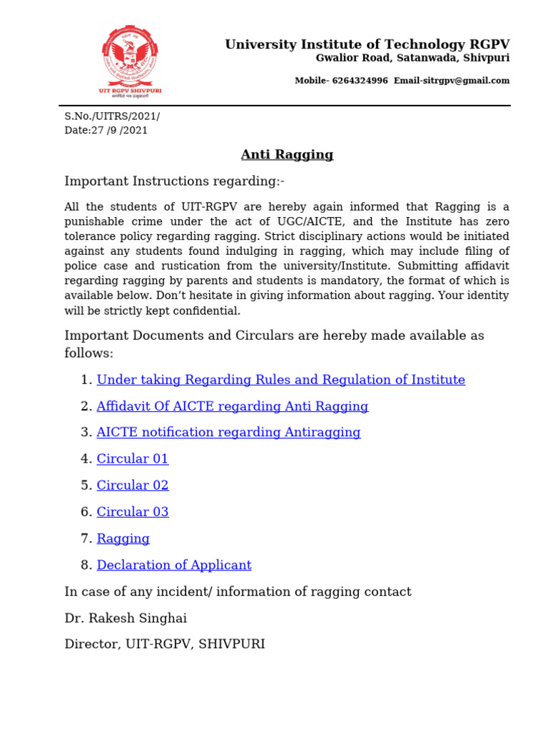 Anti Ragging Information Index | PDF