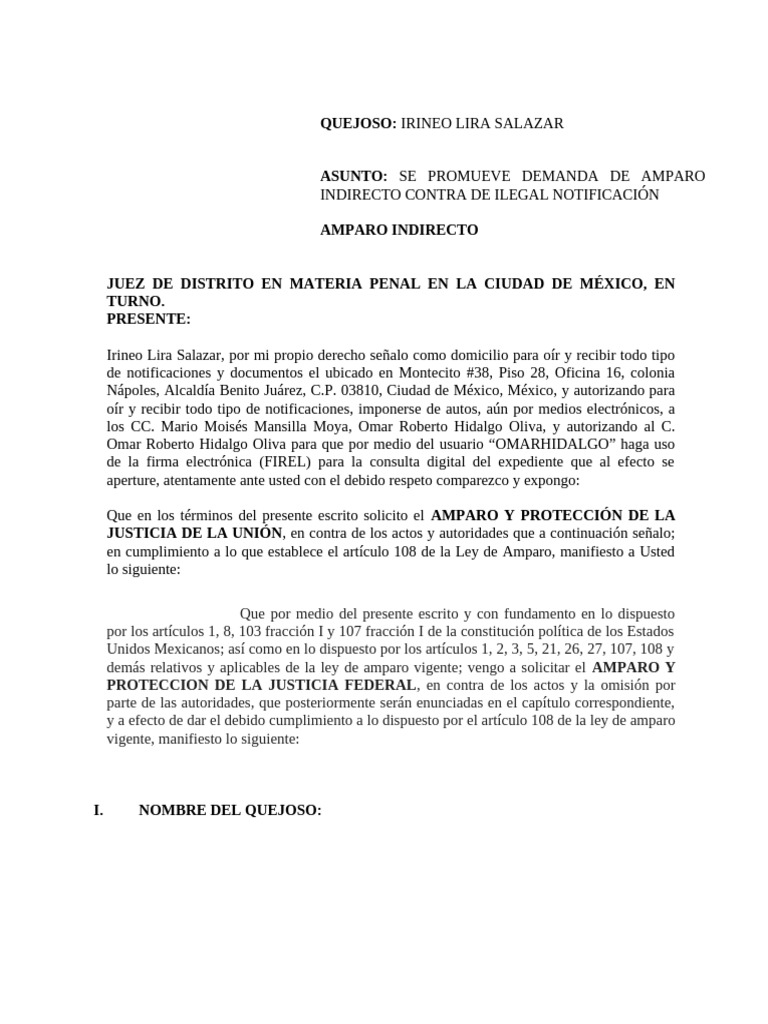 Demanda de Amparo por Emplazamiento Ilegal | PDF | Caso de ley ...