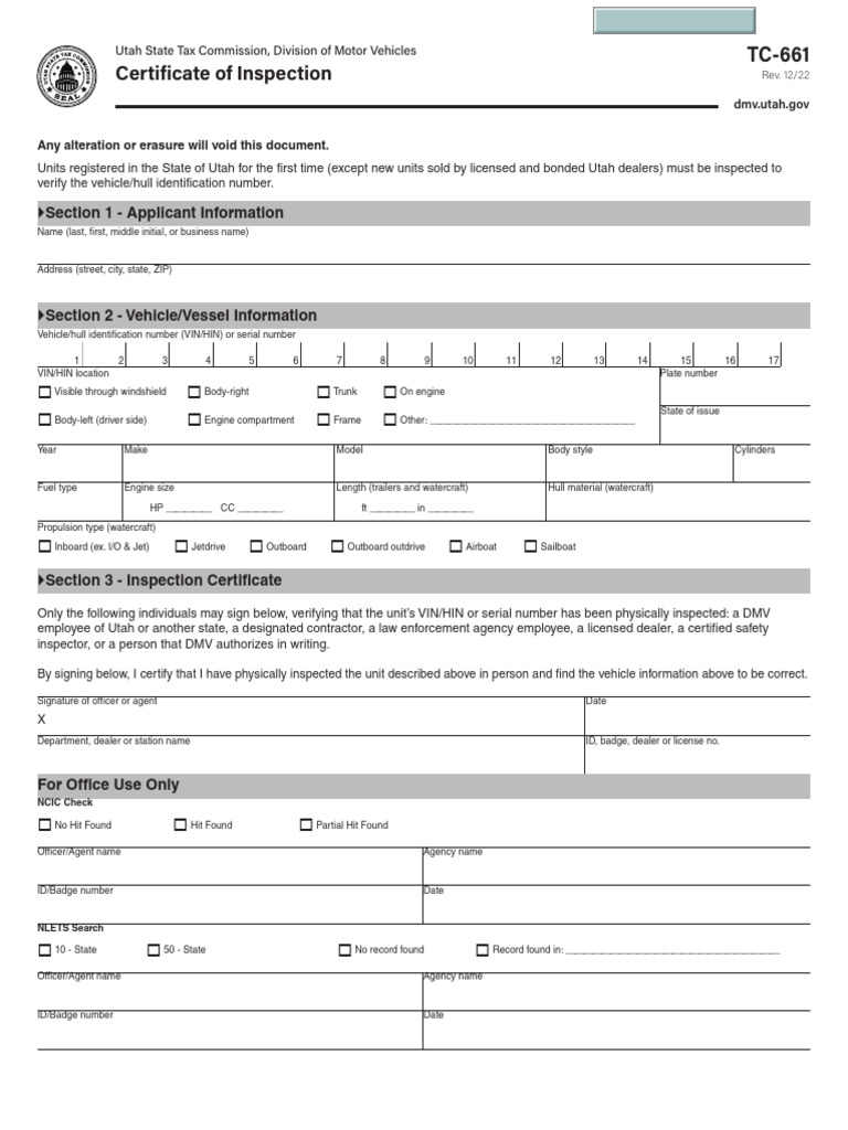 Utah TC-661 VIN Inspection Form | PDF | Department Of Motor Vehicles ...