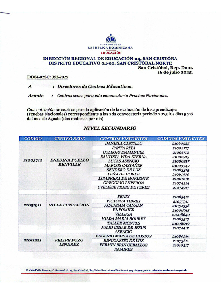 Centros Sedes para La Segunda Convocatoria de Pruebas Nacionales 2025 ...