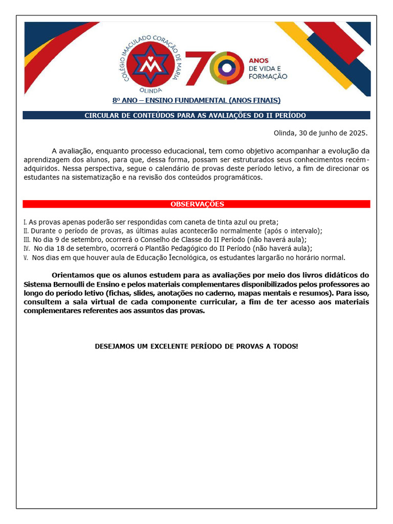 Circular de Avalia%C3%A7%C3%A3o - 8%C2%B0 ANO - II PER%C3%8DODO | PDF ...