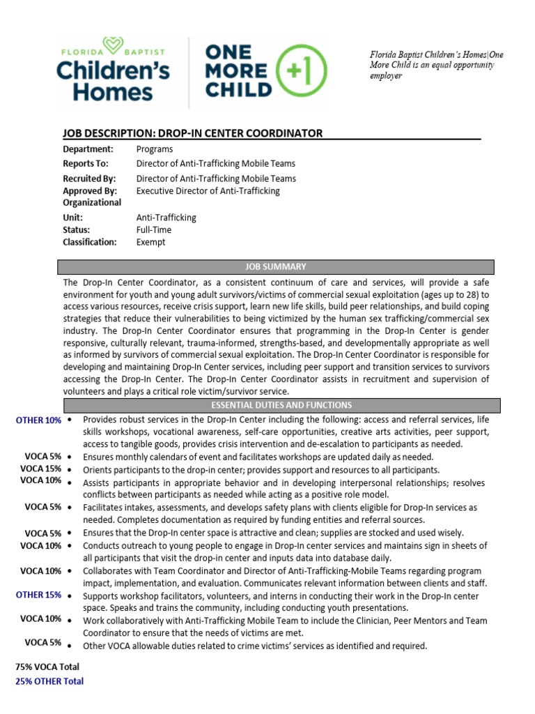 Drop-In Center Coordinator Job Description | PDF | Human Trafficking ...