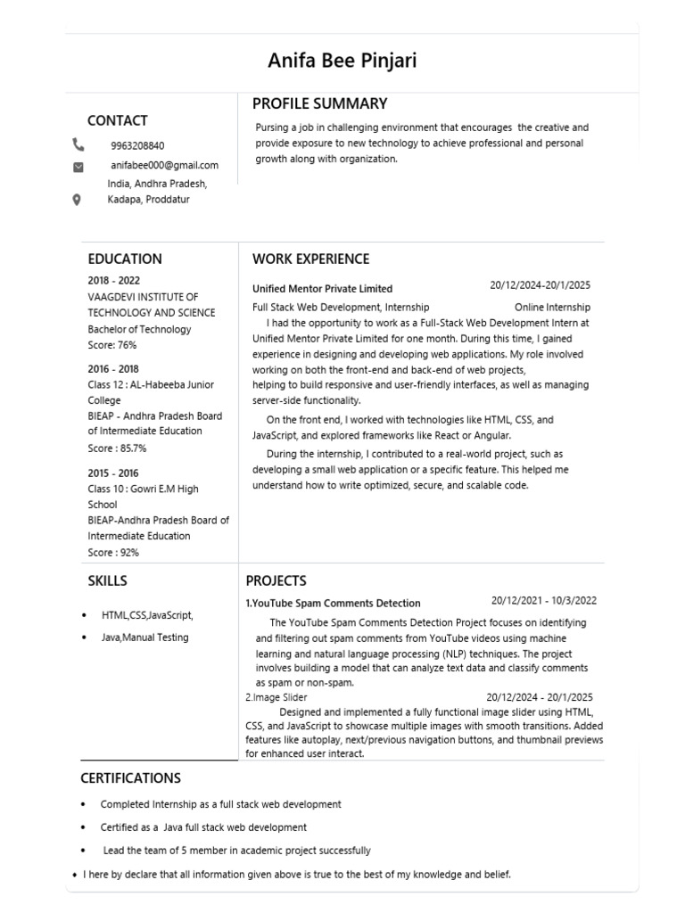 Full Stack Web Developer Internship Resume | PDF | Web Development ...